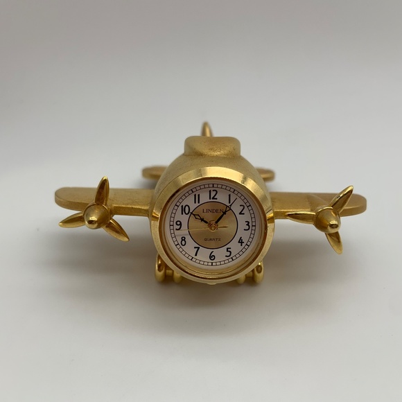 RARE Vintage Japan Movement Linden Airplane Gold Tone Small Desk Clock - Picture 2 of 11